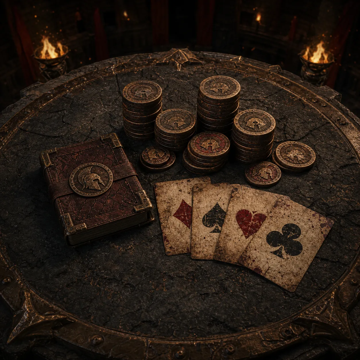 Karty i brązowe żetony na kamiennym stole areny — Legiano Casino